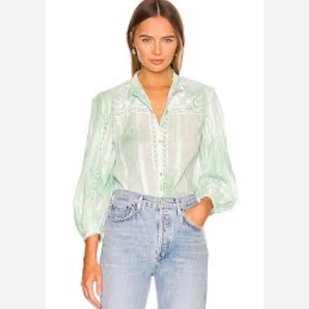 NWT LoveShackFancy Mint Green Floral Embroidered Rhonda Top Sz S, gorgeous!